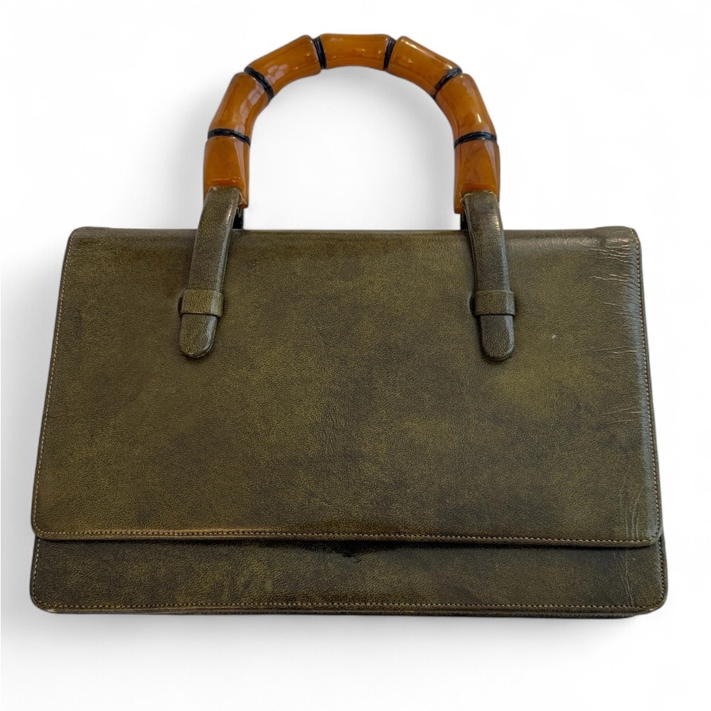 SOLD Vintage HARRY ROSENFELD Handbag Olive Green Leather Faux Bamboo Lucite